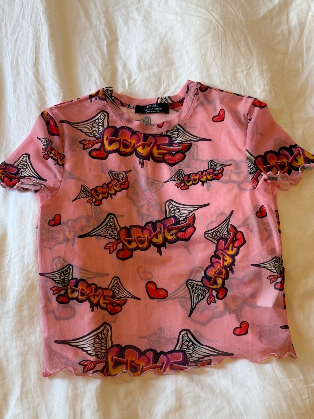 NEW Bershka Pink mesh see-through graffiti tattoo print short sleeve top love